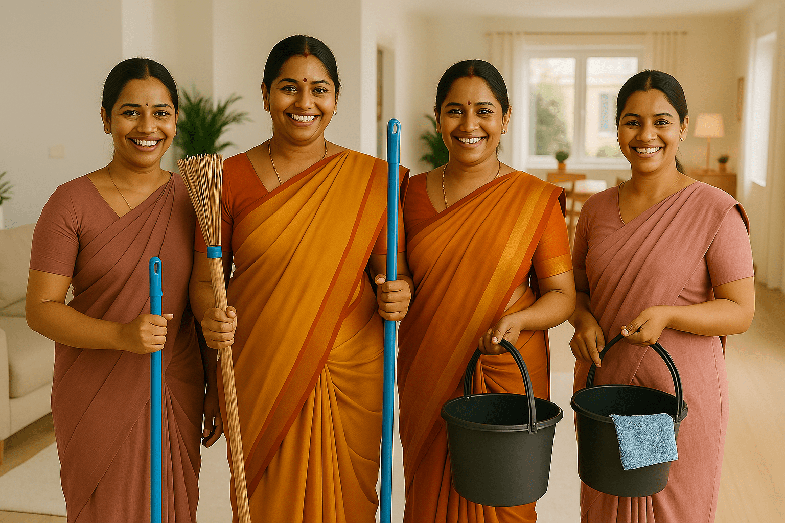 Group of Happy Indian Maids in Sarees Holding Cleaning Tools in Modern Clean Home
