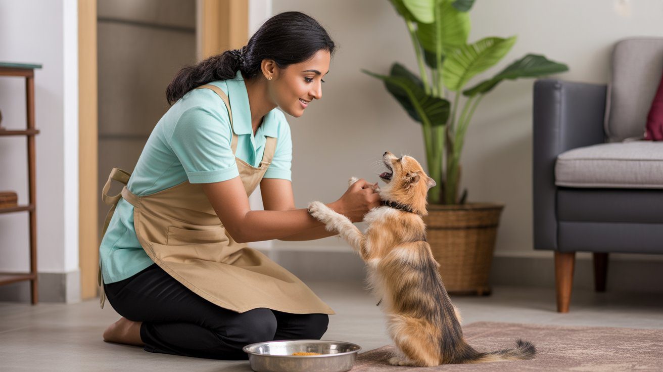 Pet care maid in Hyderabad feeding and playing with pets
