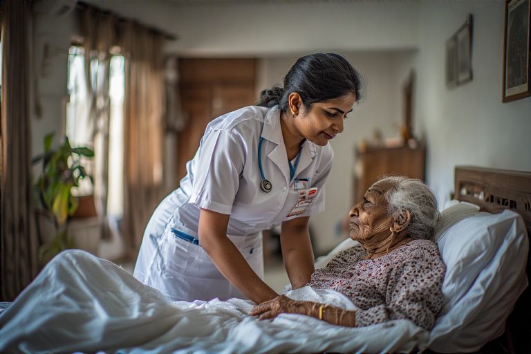 Patient care maid in Hyderabad helping a patient at home