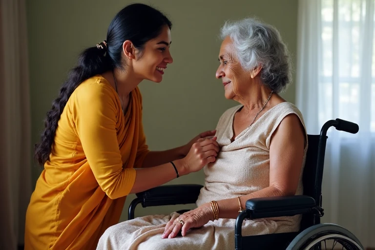 Caring Elderly Care Taker Supporting Senior Citizen at Home in Bengaluru