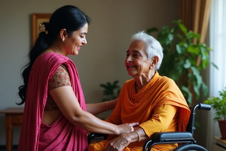 Caring Maid Assisting Old Parents at Home in Bengaluru