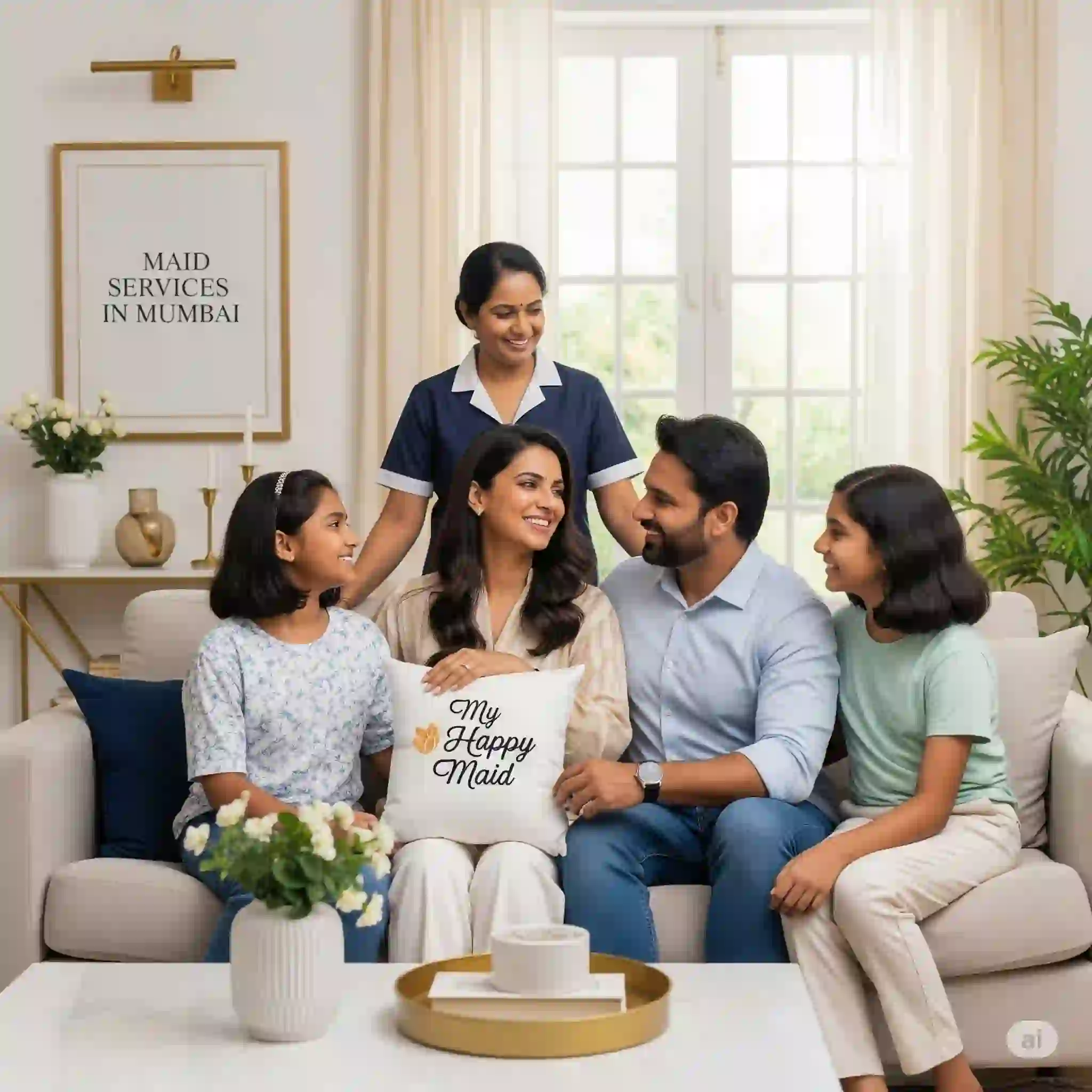 A happy family and their maid smiling together in their home.