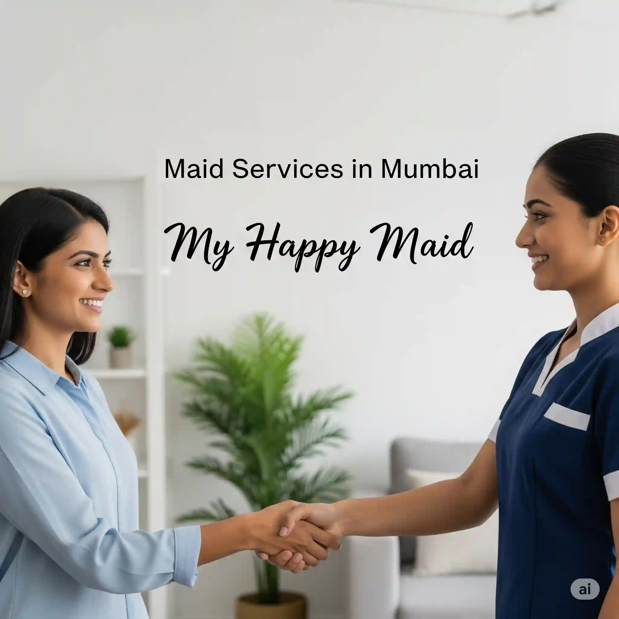A stressed woman in a messy room searching for maid services.