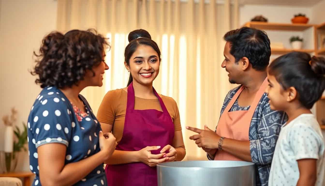 Maid interacting professionally with family members