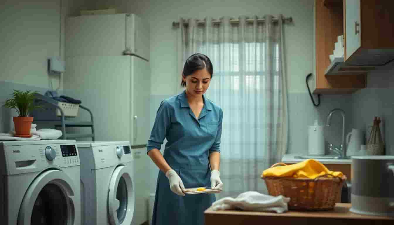 Maid handling laundry and kitchen work efficiently