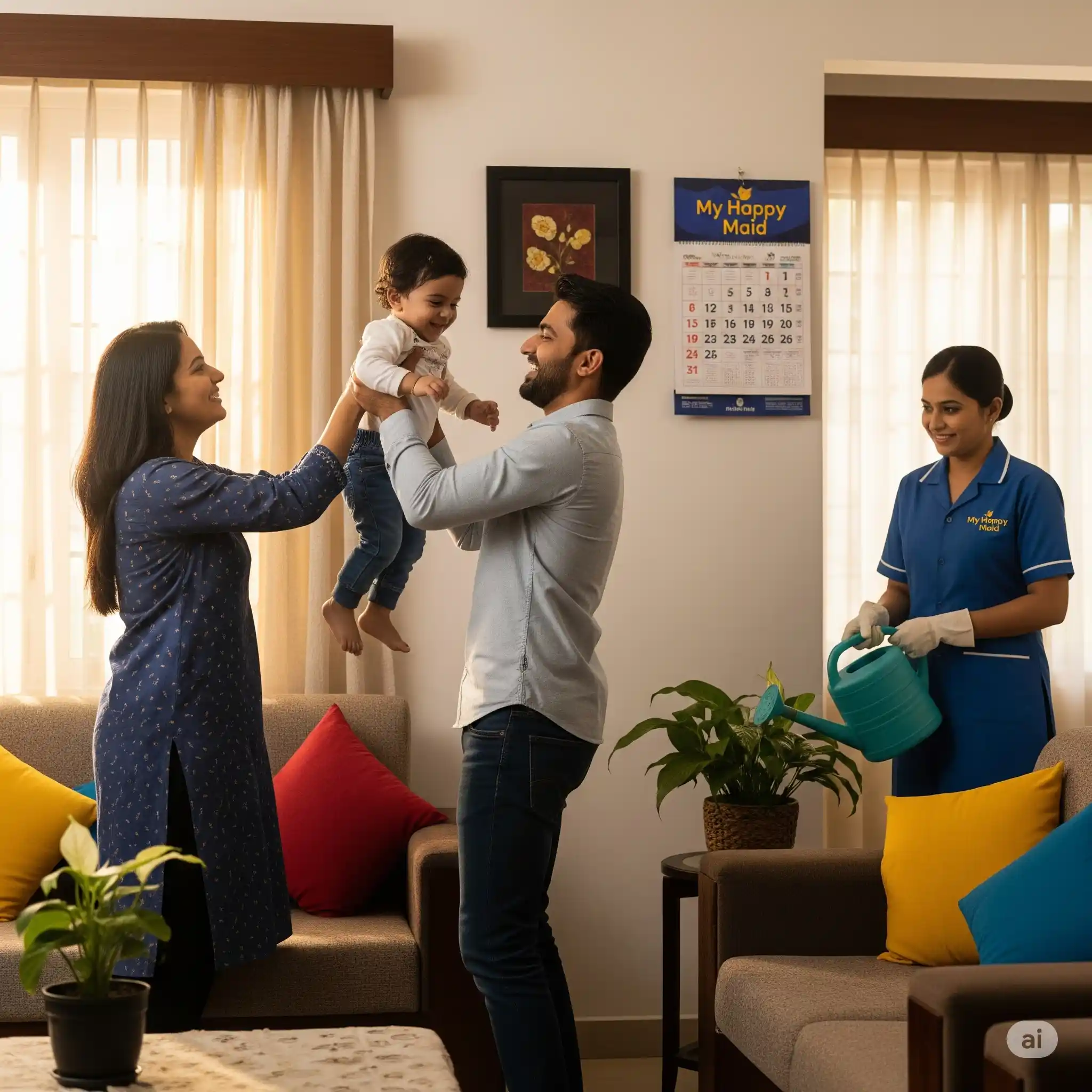 A happy family enjoying quality time, a benefit of hiring help from a reliable maid agency Delhi like My Happy Maid.