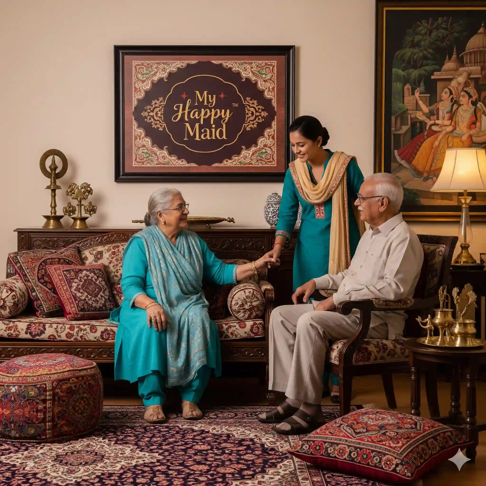 Maid providing caring assistance to Indian elderly couple in culturally adorned home, 'My Happy Maid' in background signifying trusted maids service in Delhi