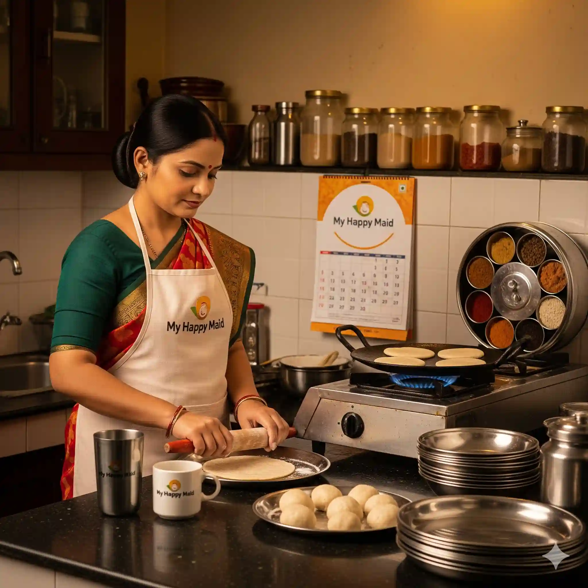 Cook maid preparing fresh chapatis in a traditional Indian kitchen with My Happy Maid branding in the background