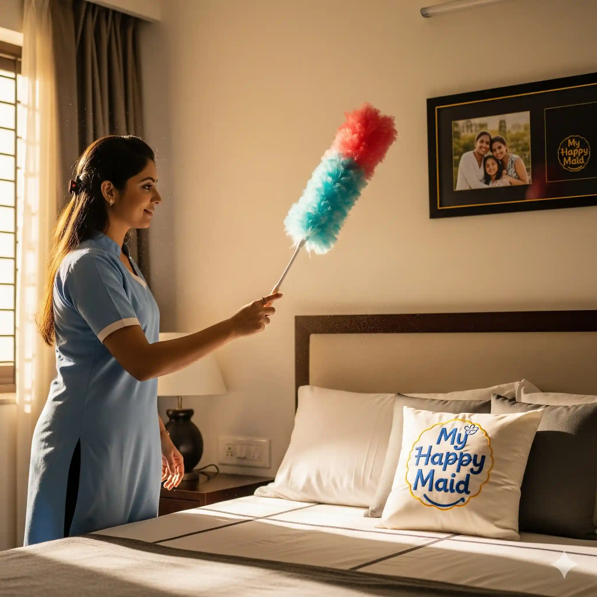 Home maid services Bangalore dusting bedroom with My Happy Maid logo