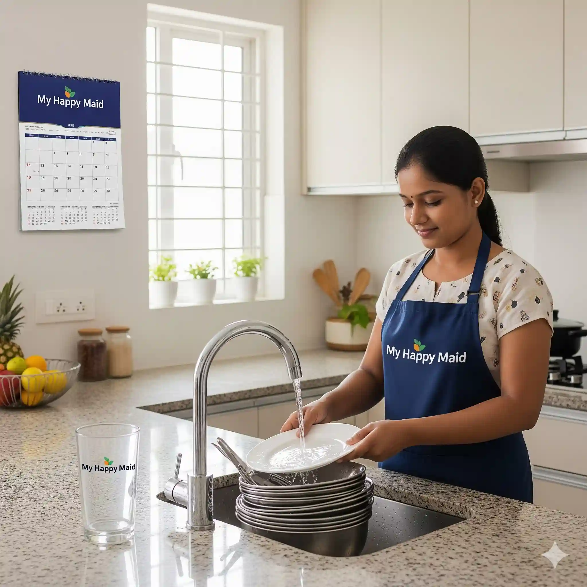 Home maid services Bangalore washing utensils with My Happy Maid logo in kitchen
