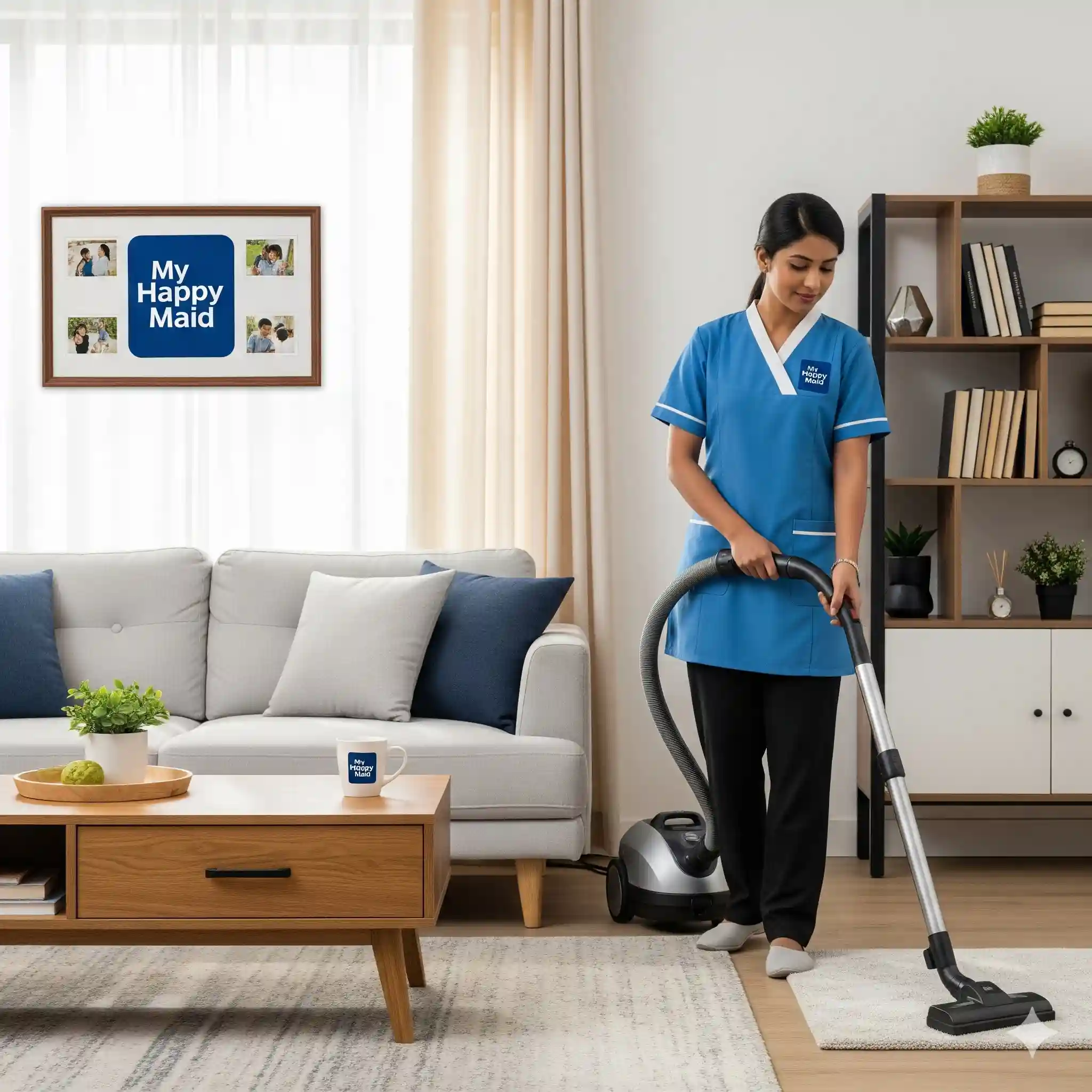 Home maid services Bangalore cleaning living room with My Happy Maid logo