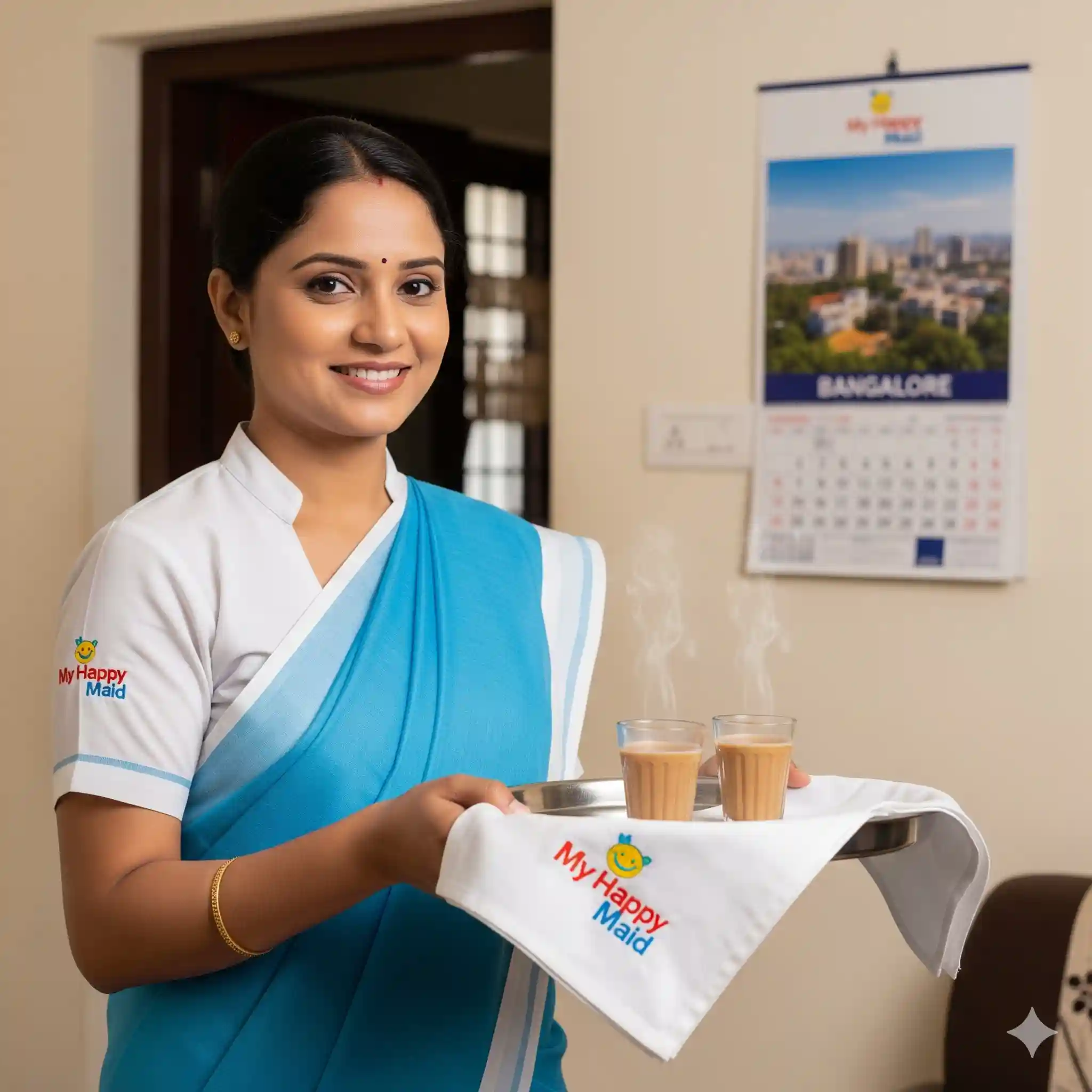 Home maid services Bangalore serving tea with My Happy Maid logo in home