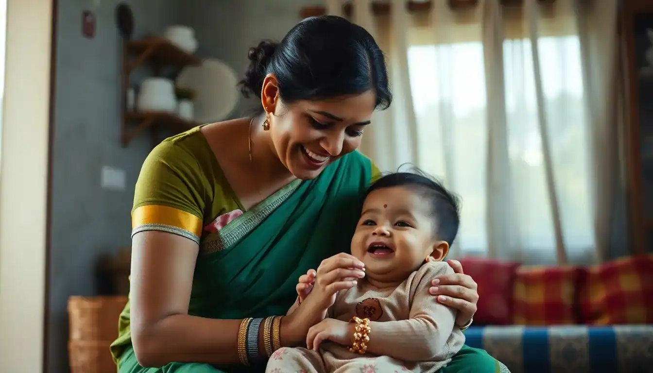 house maid taking care of child at home