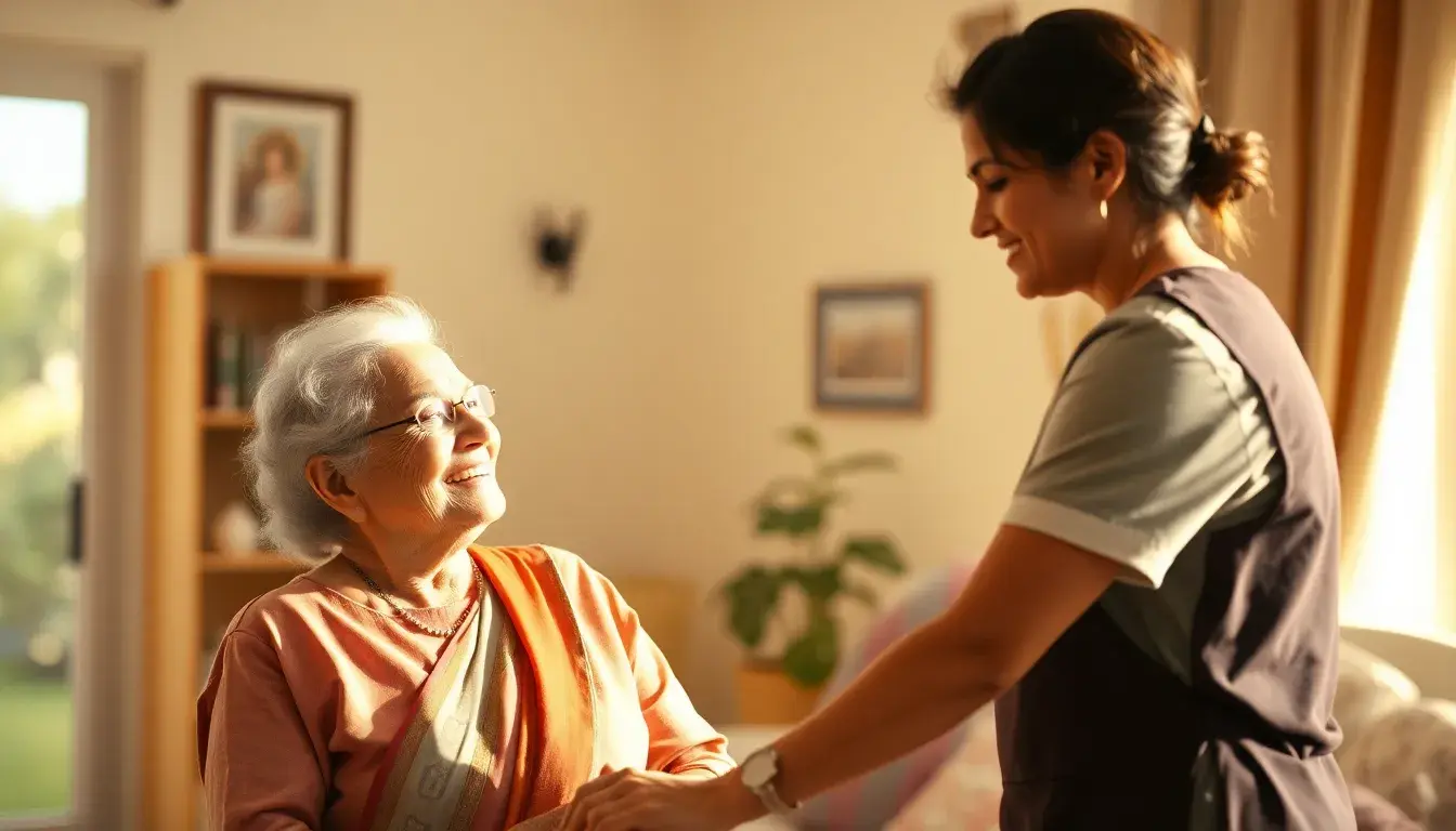 house maid assisting elderly woman at home