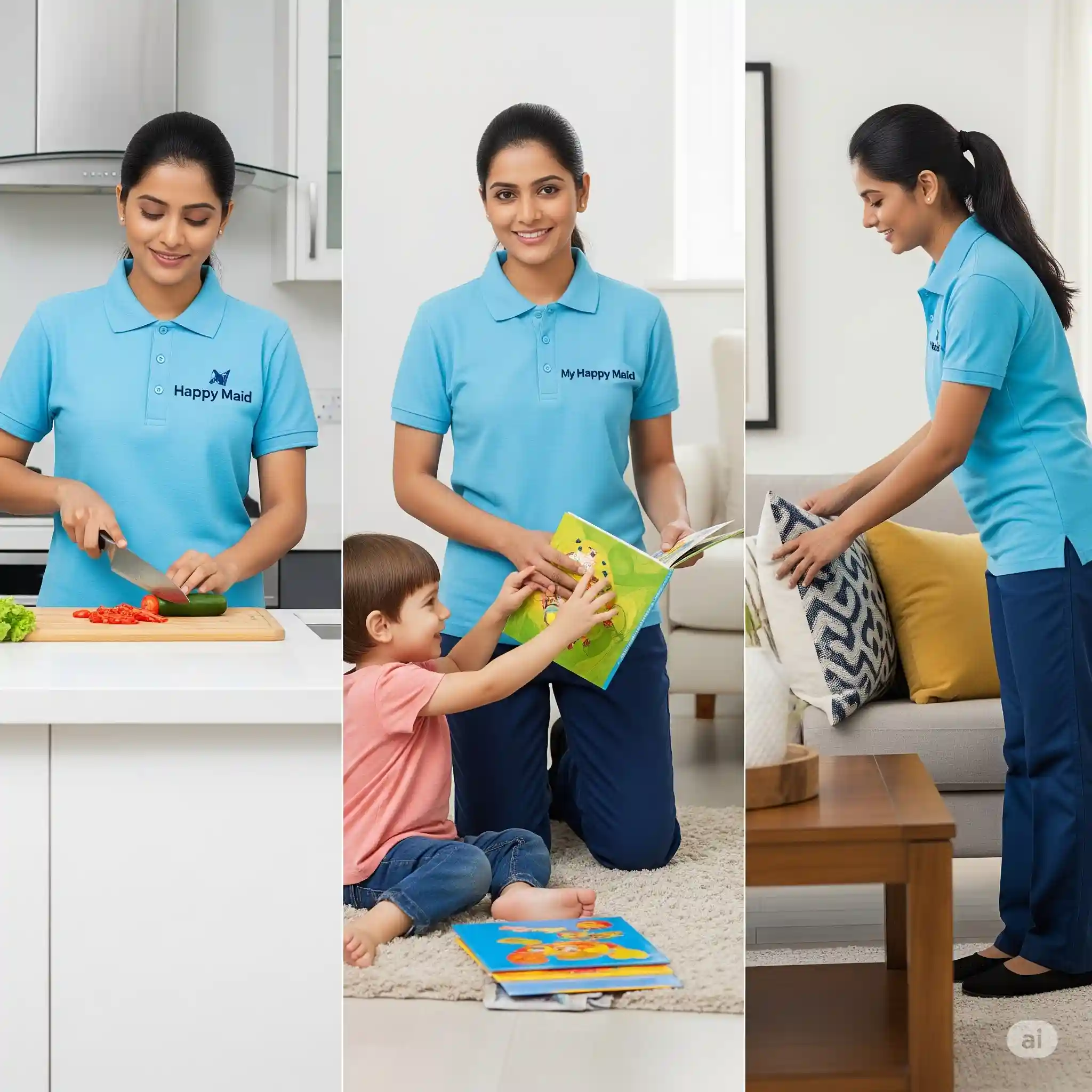A versatile and professional househelp from My Happy Maid demonstrating skills in cooking, childcare, and housekeeping.