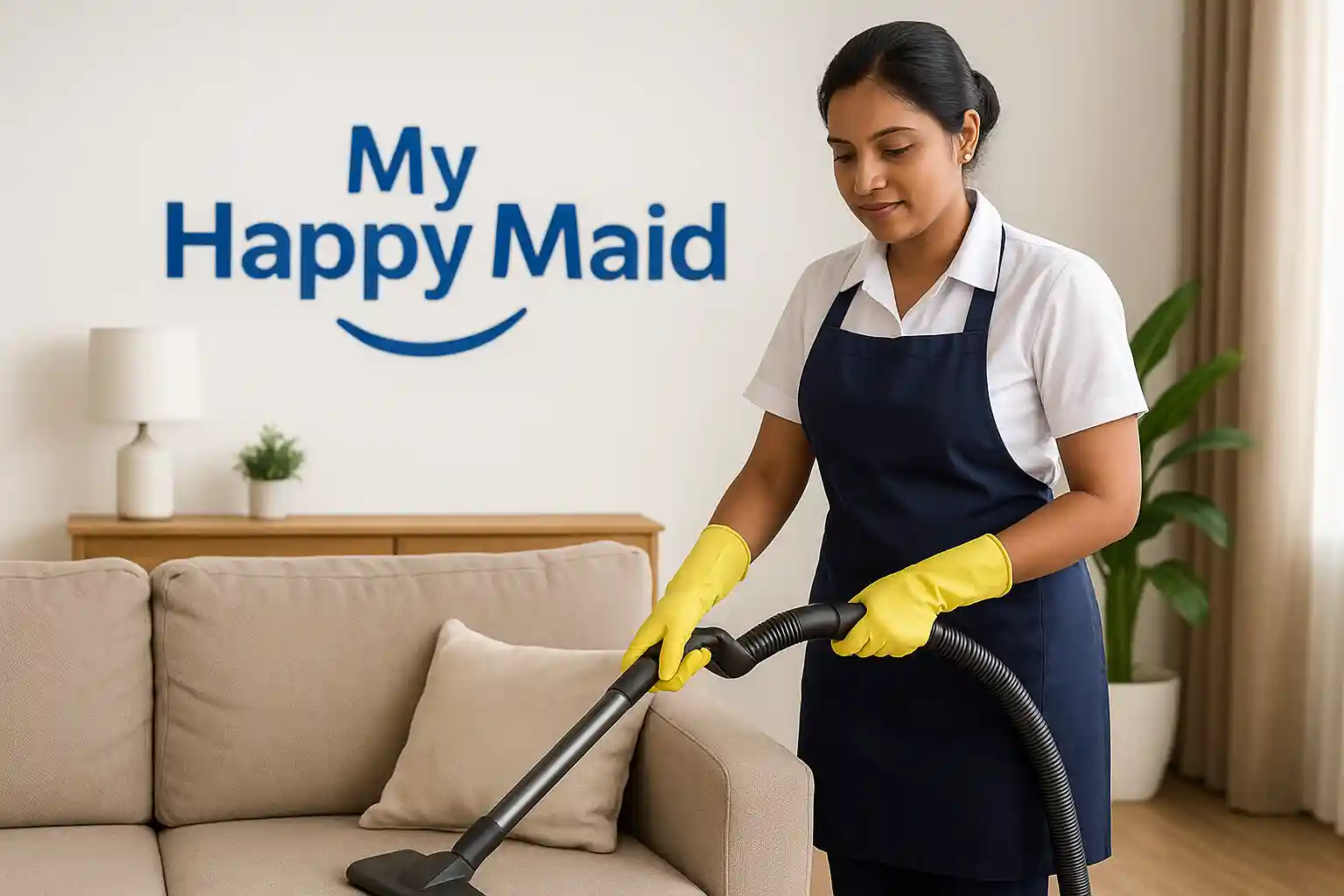 Housemaid cleaning living room with My Happy Maid branding