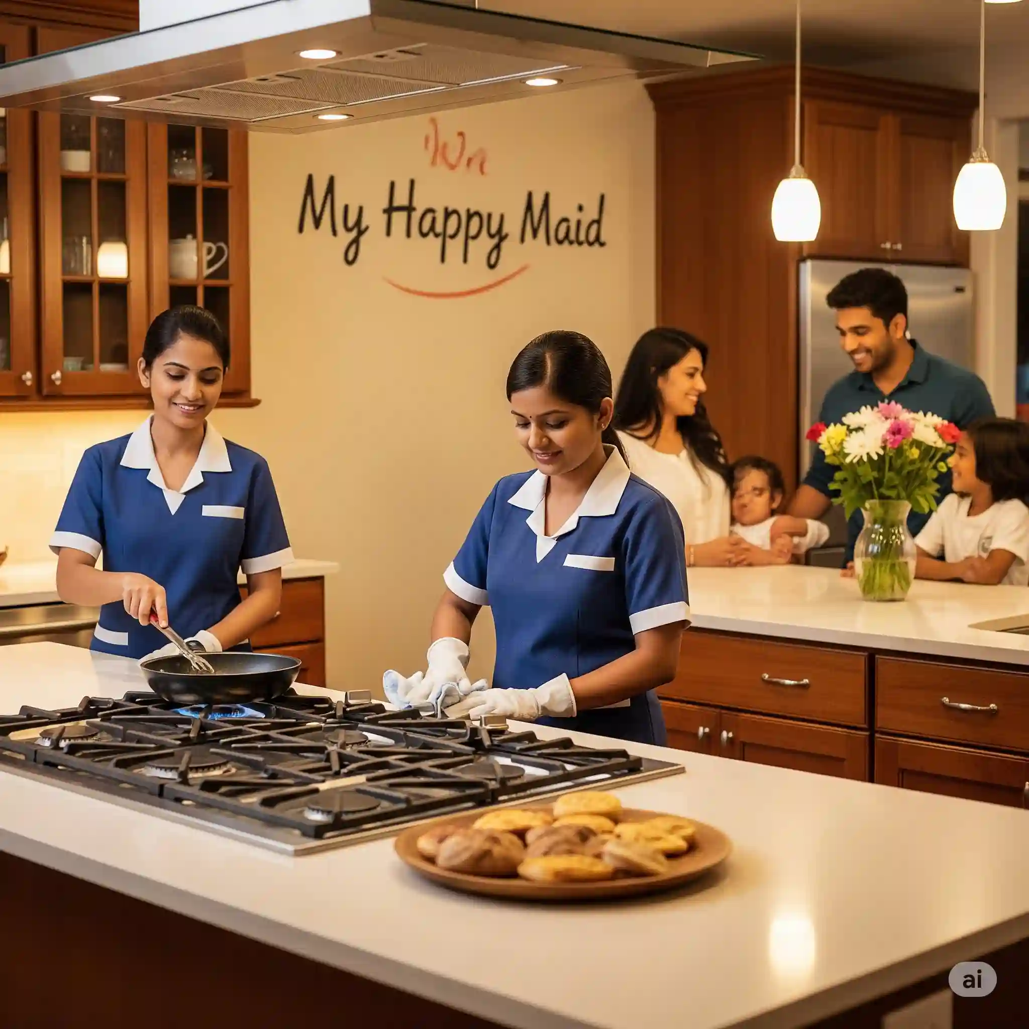 Housemaids Agency trained maids assisting family with cooking and cleaning with My Happy Maid branding