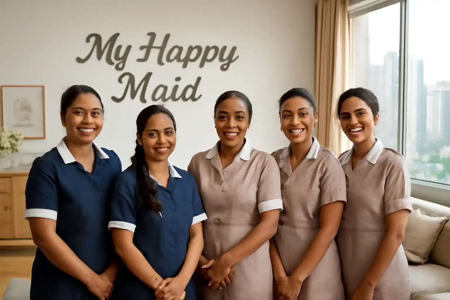 group of housemaids in a modern Mumbai apartment with My Happy Maid written on the wall
