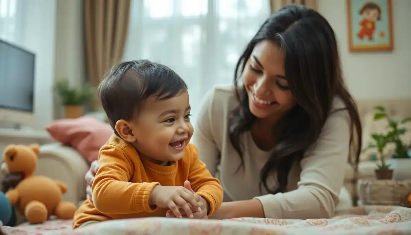 Life improved with Babysitter Hyderabad Toddler happily playing with Babysitter Hyderabad at home