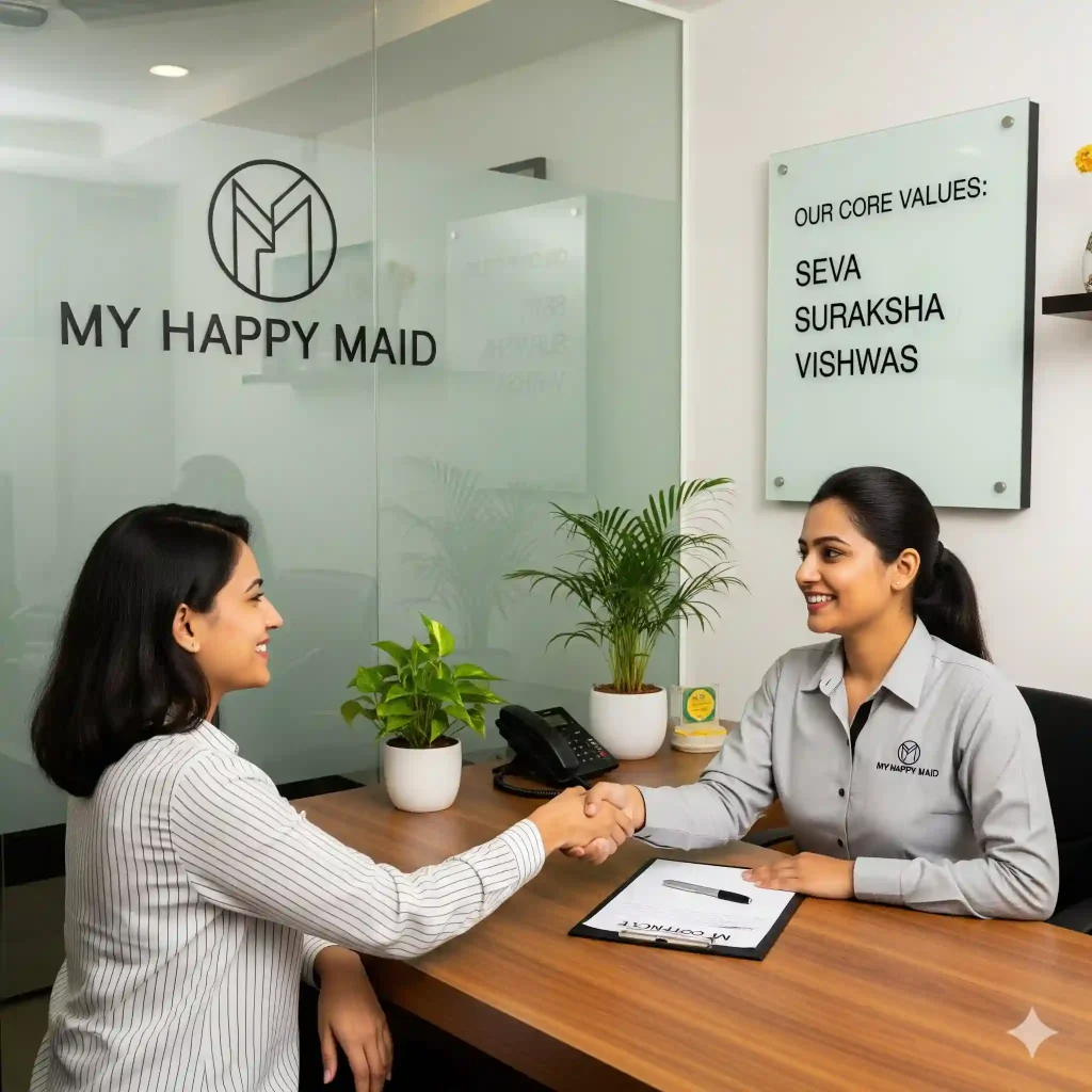A client shaking hands with a manager at My Happy Maid, the top-rated maid bureau in delhi. Maid Bureau in Delhi