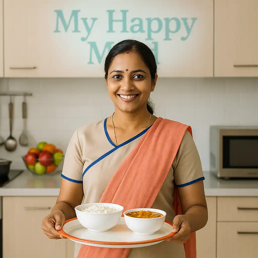 Maid Indian serving food in a modern Indian kitchen with My Happy Maid branding
