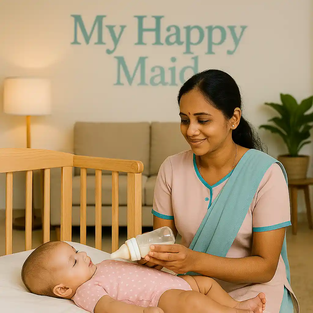 maid indian feeding baby in a cozy Indian living room with My Happy Maid branding