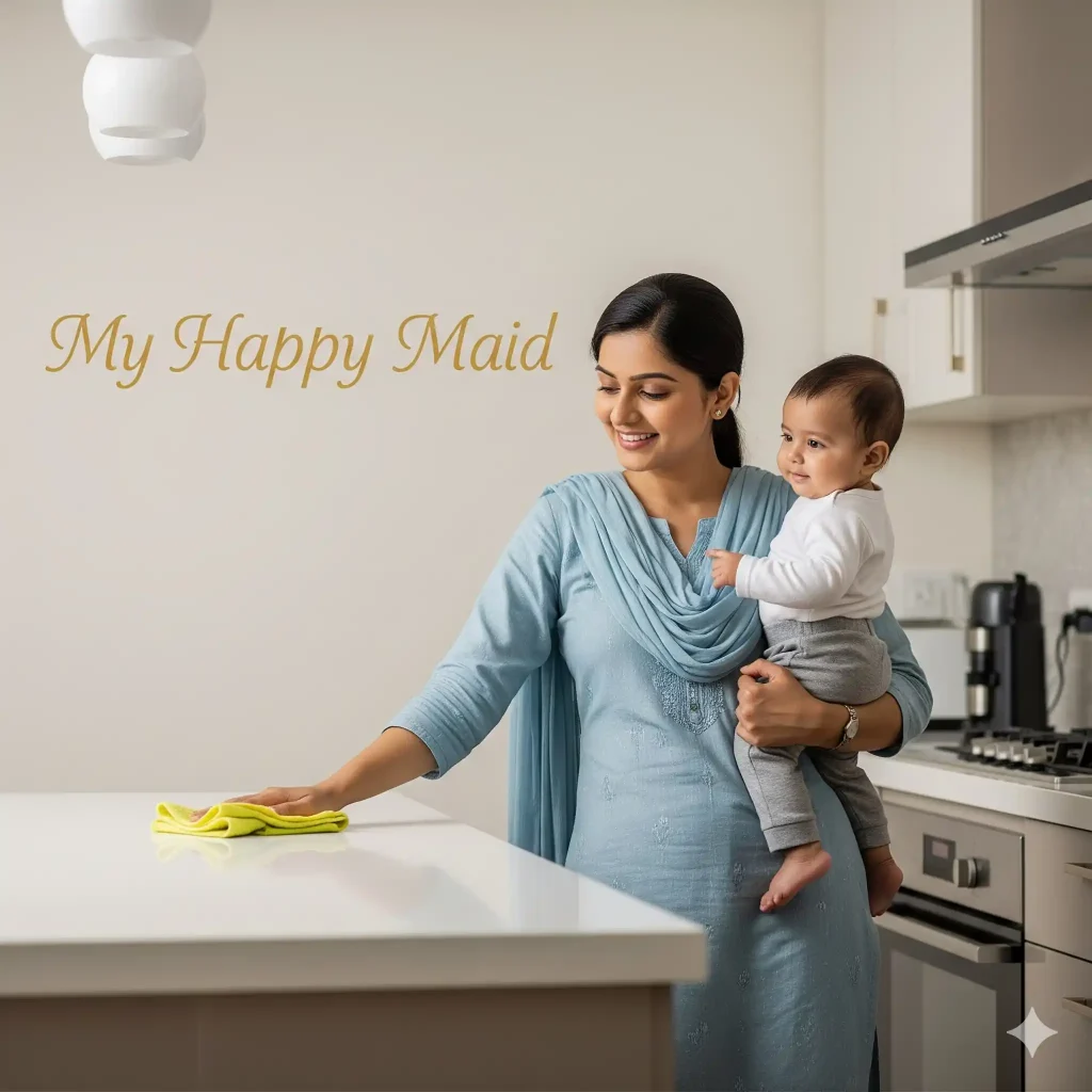 maid service delhi professional Indian housemaid cleaning and baby care with My Happy Maid branding