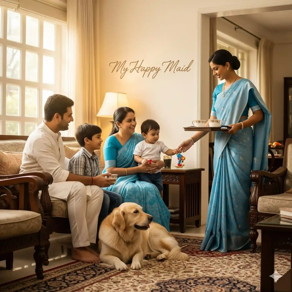 maid service delhi live-in maid with Indian family showing My Happy Maid background