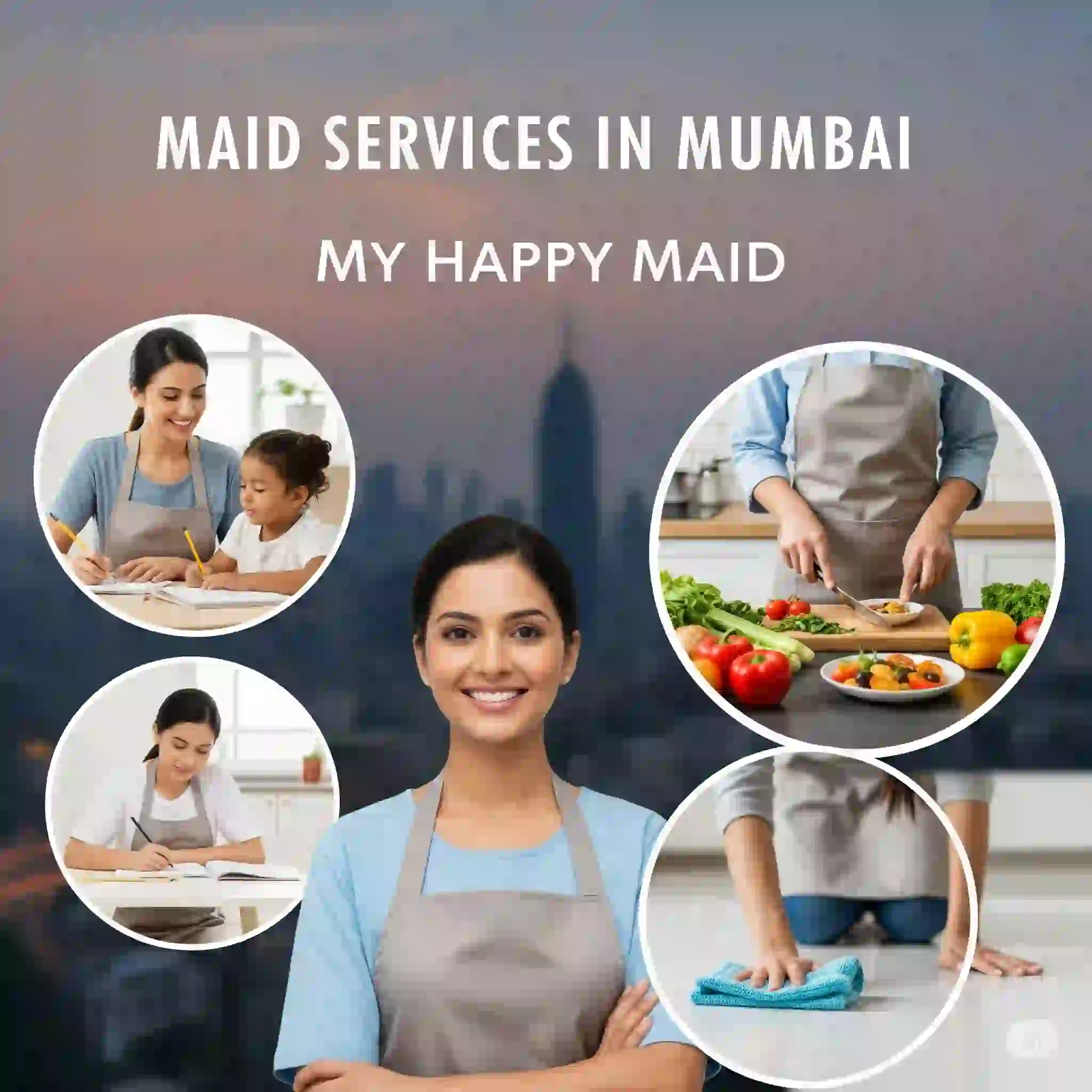 A collage of a maid providing different types of household help.