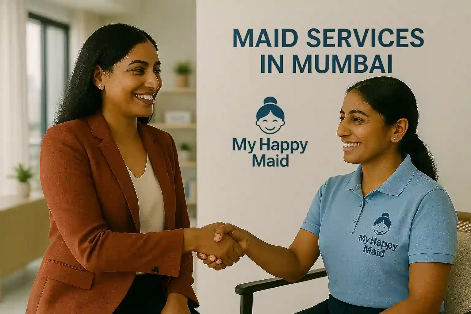 Two women, a professional and a maid, shaking hands in a clean apartment.