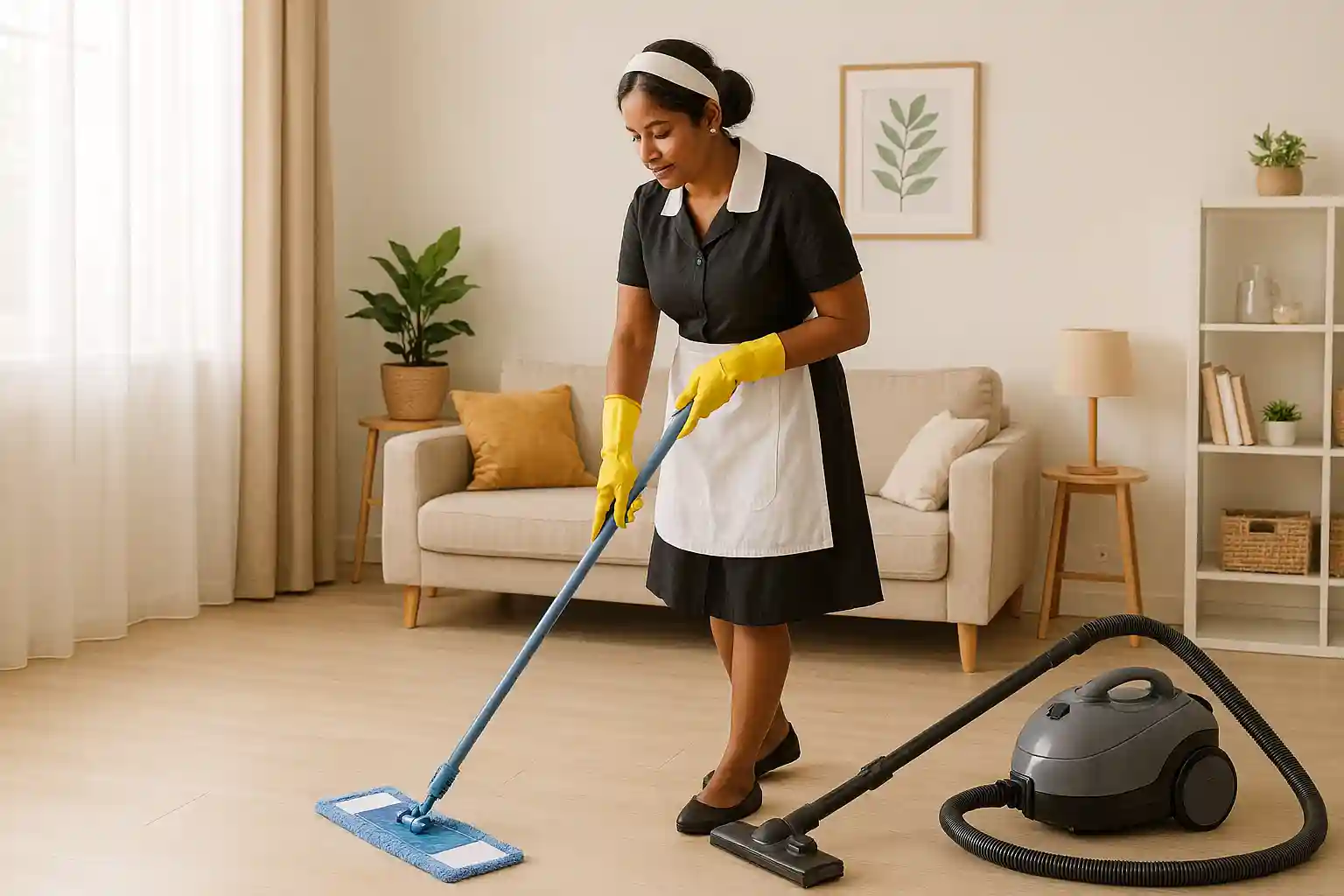 Maid for home cleaning living room with mop and vacuum