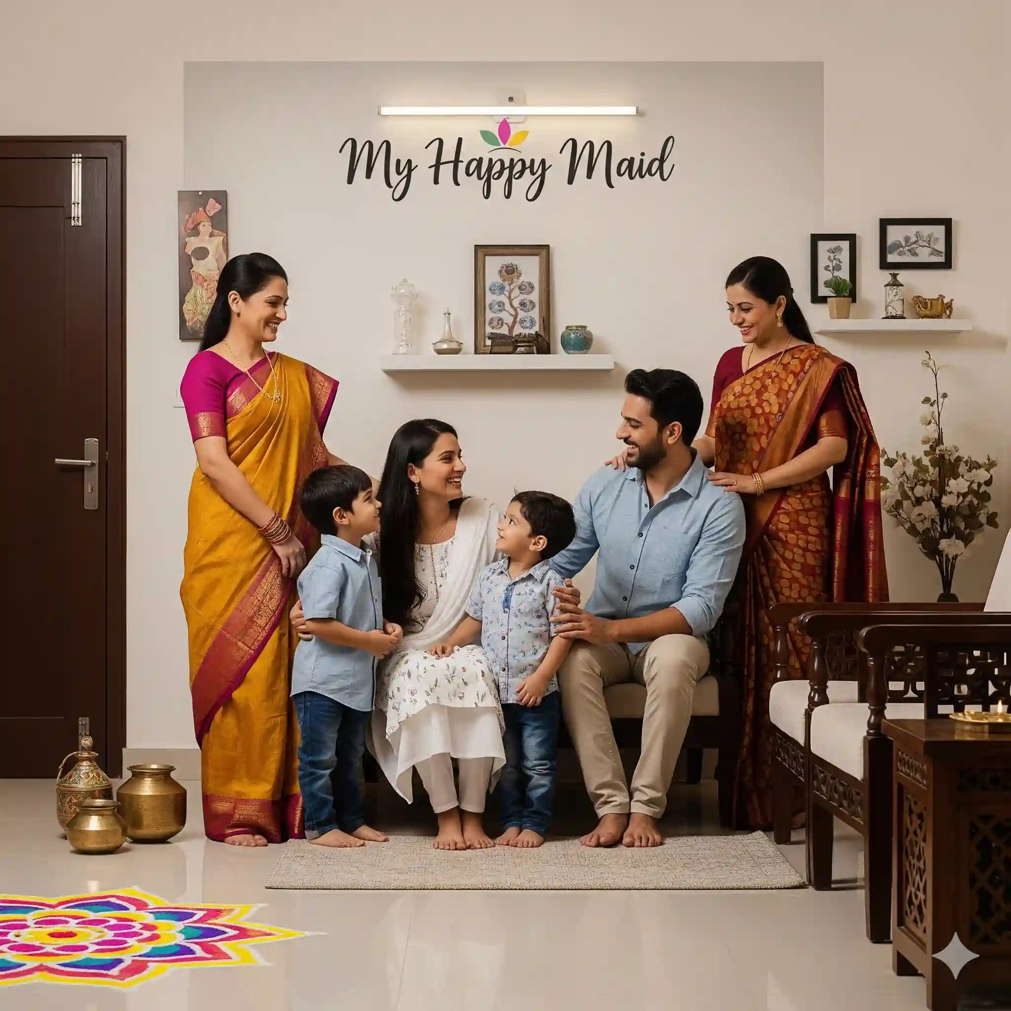 Happy Indian family with traditional maids in a clean home, 'My Happy Maid' in background demonstrating reliable maids service in Delhi
