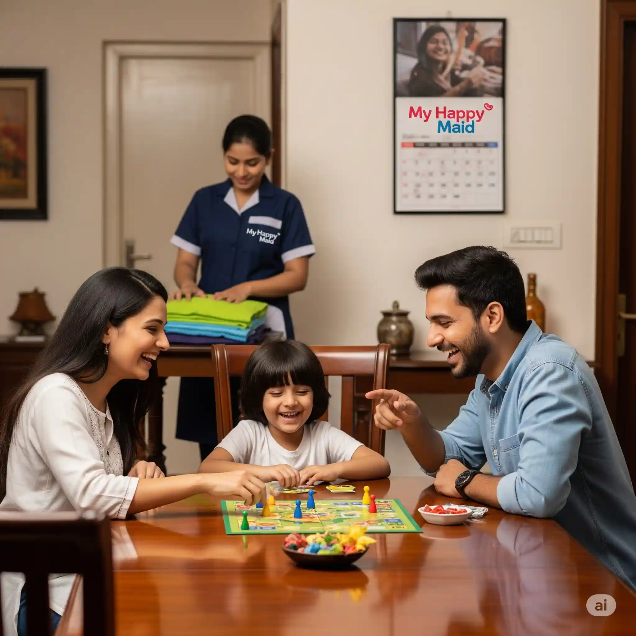 A happy Indian family enjoying their free time at home in Delhi, thanks to the reliable support from a My Happy Maid professional.