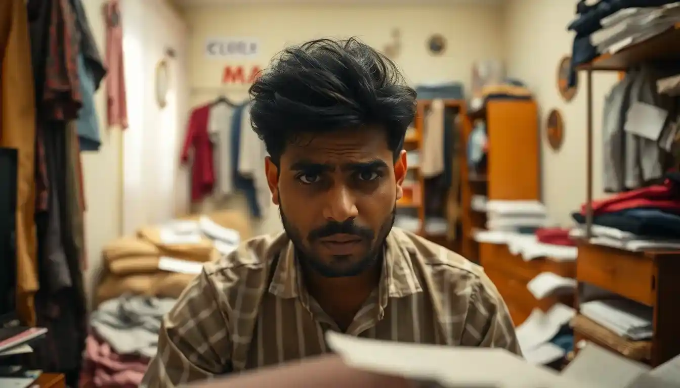A man looks stressed and exhausted in his messy apartment.