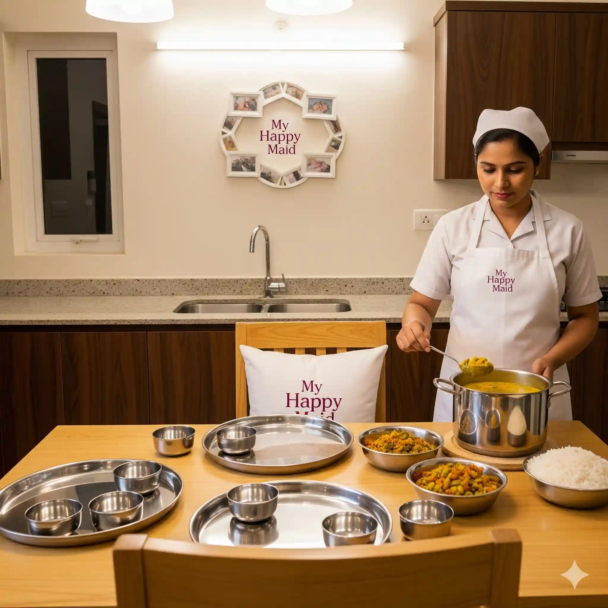 Cook maid serving dal and rice in a modern Indian kitchen with My Happy Maid logo in background