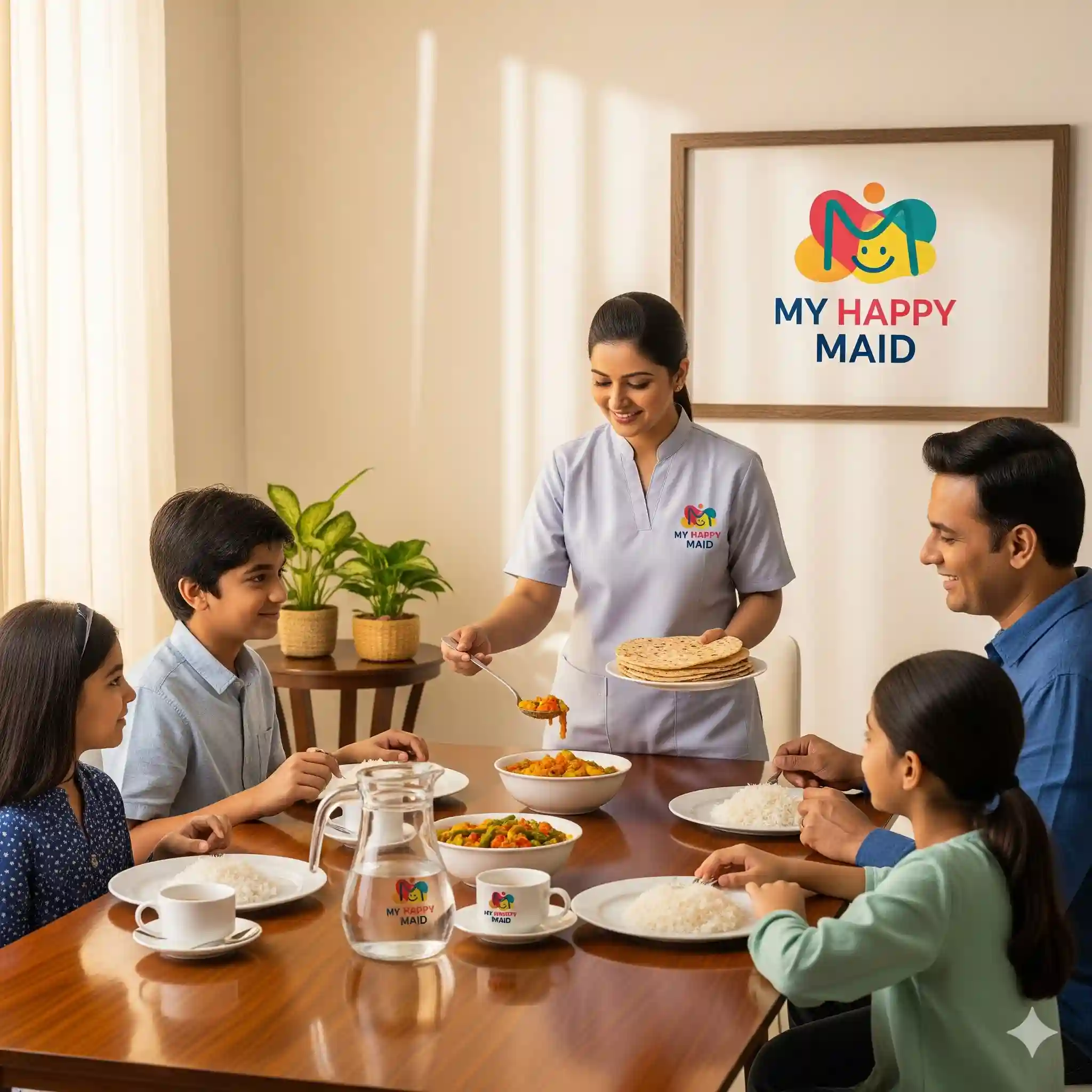 Cooking maids serving chapatis and curry in Indian dining room with My Happy Maid branding