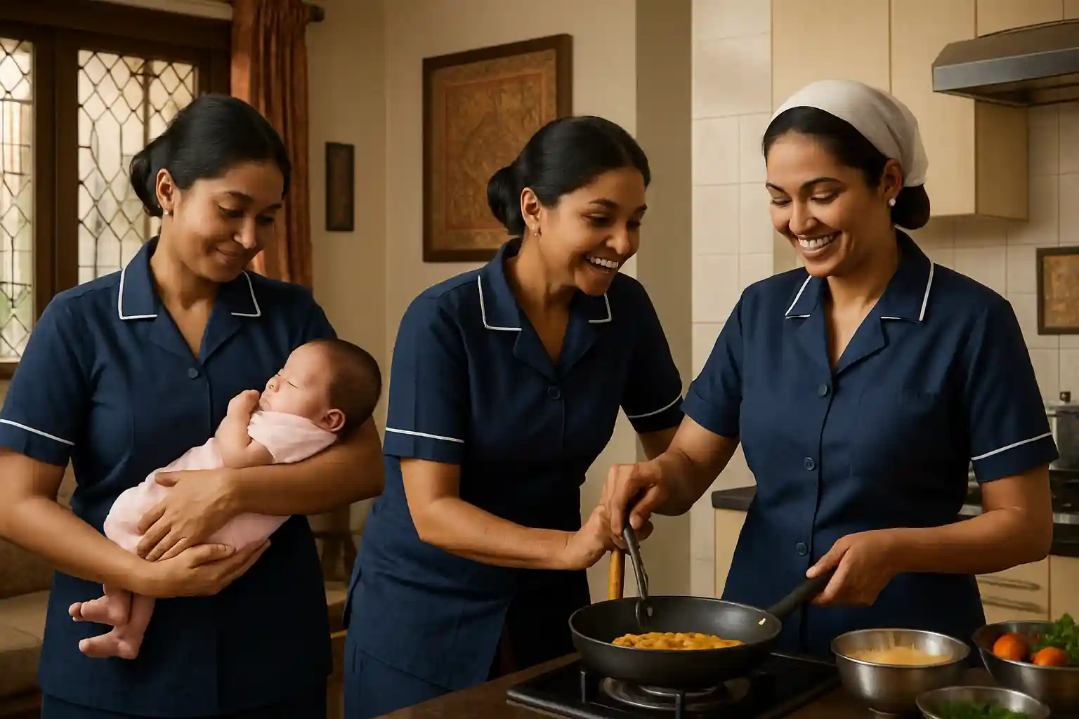 Diverse maids providing newborn care, elderly care, and cooking in Mumbai home with Best Maid Service in Mumbai