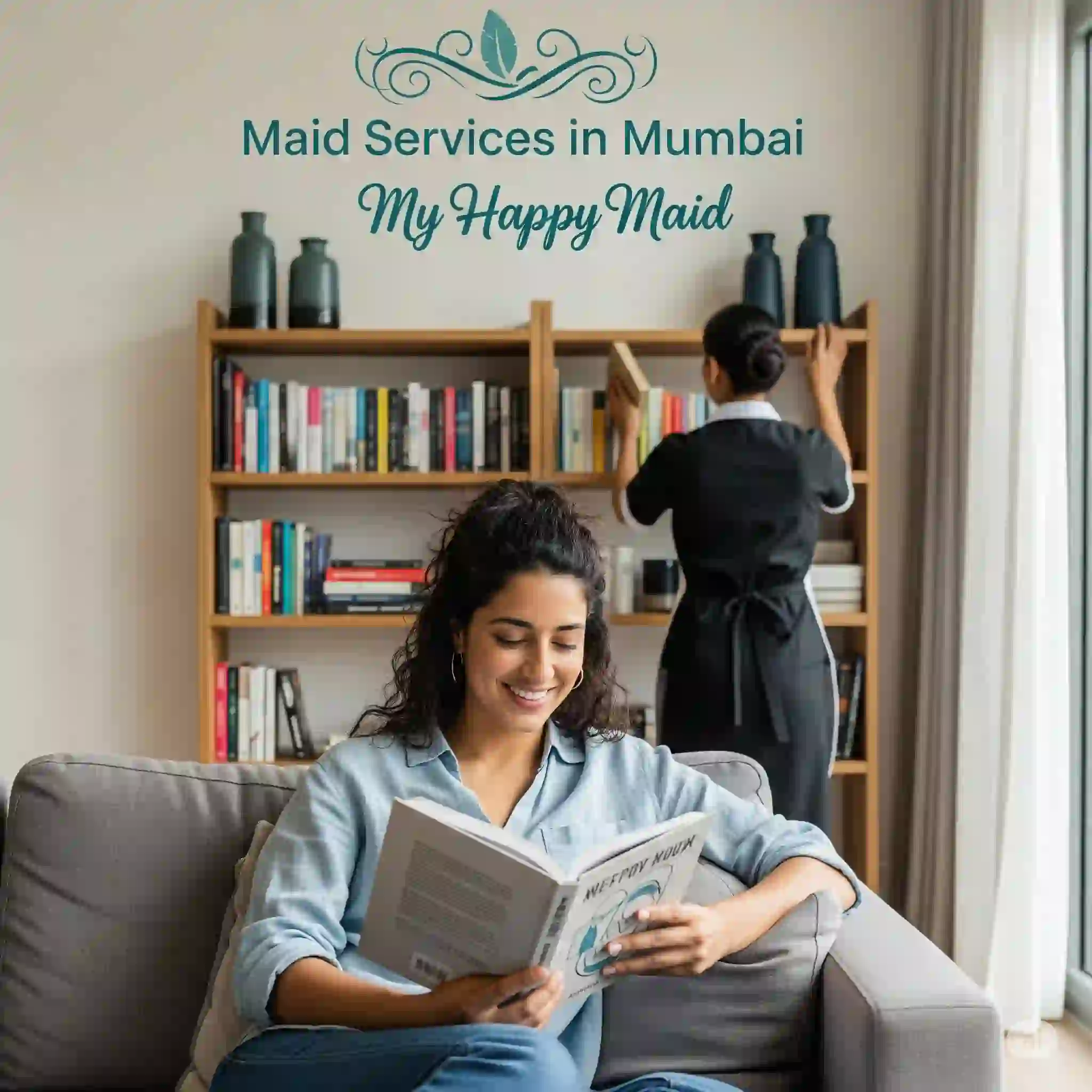 A professional woman relaxes while her maid works in the background.