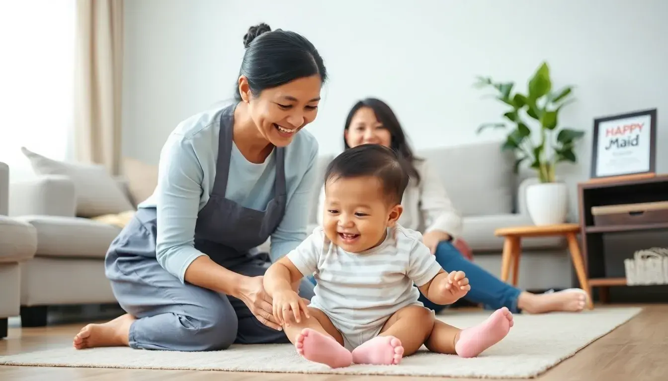 A Japa maid and a mother happily playing with a one-year-old.