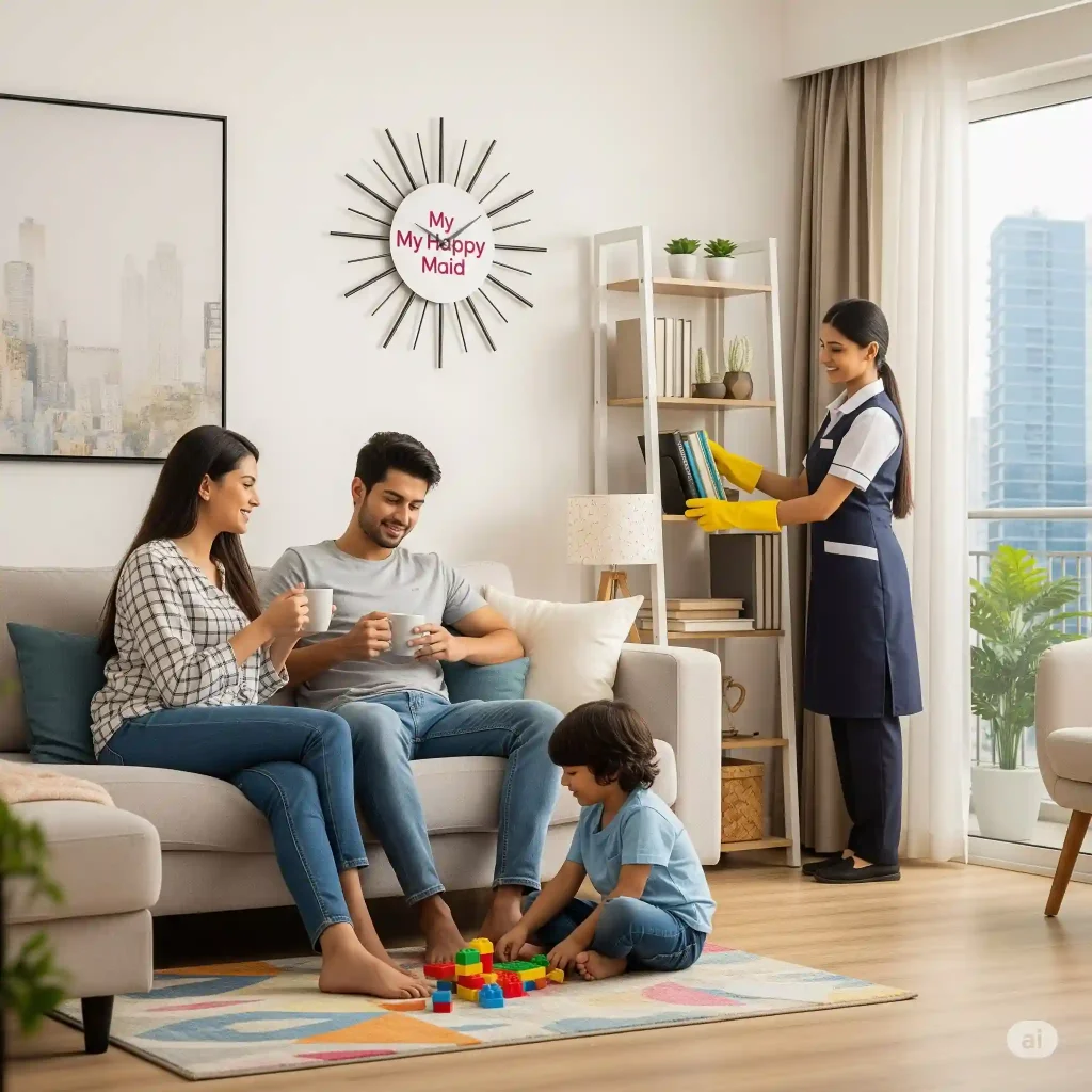 A family in Delhi NCR enjoying peace of mind thanks to their professional help from My Happy Maid agency.