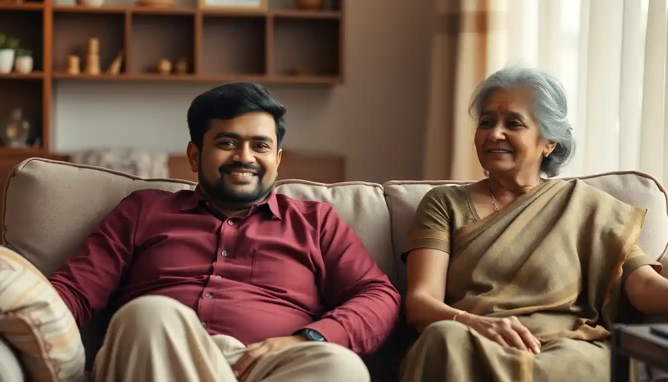 A family relaxing together, including their long-term maid.