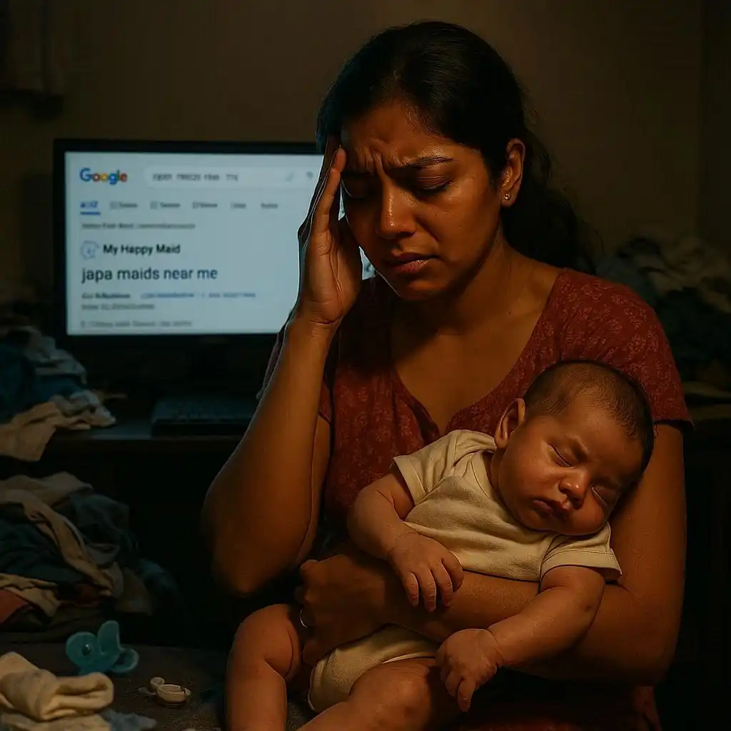 A stressed mother with her newborn in a messy room, searching for Japa Maids Near Me.