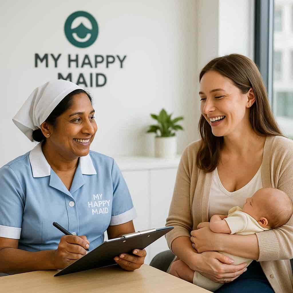 A professional Japa maid from My Happy Maid consulting with a new mother.
