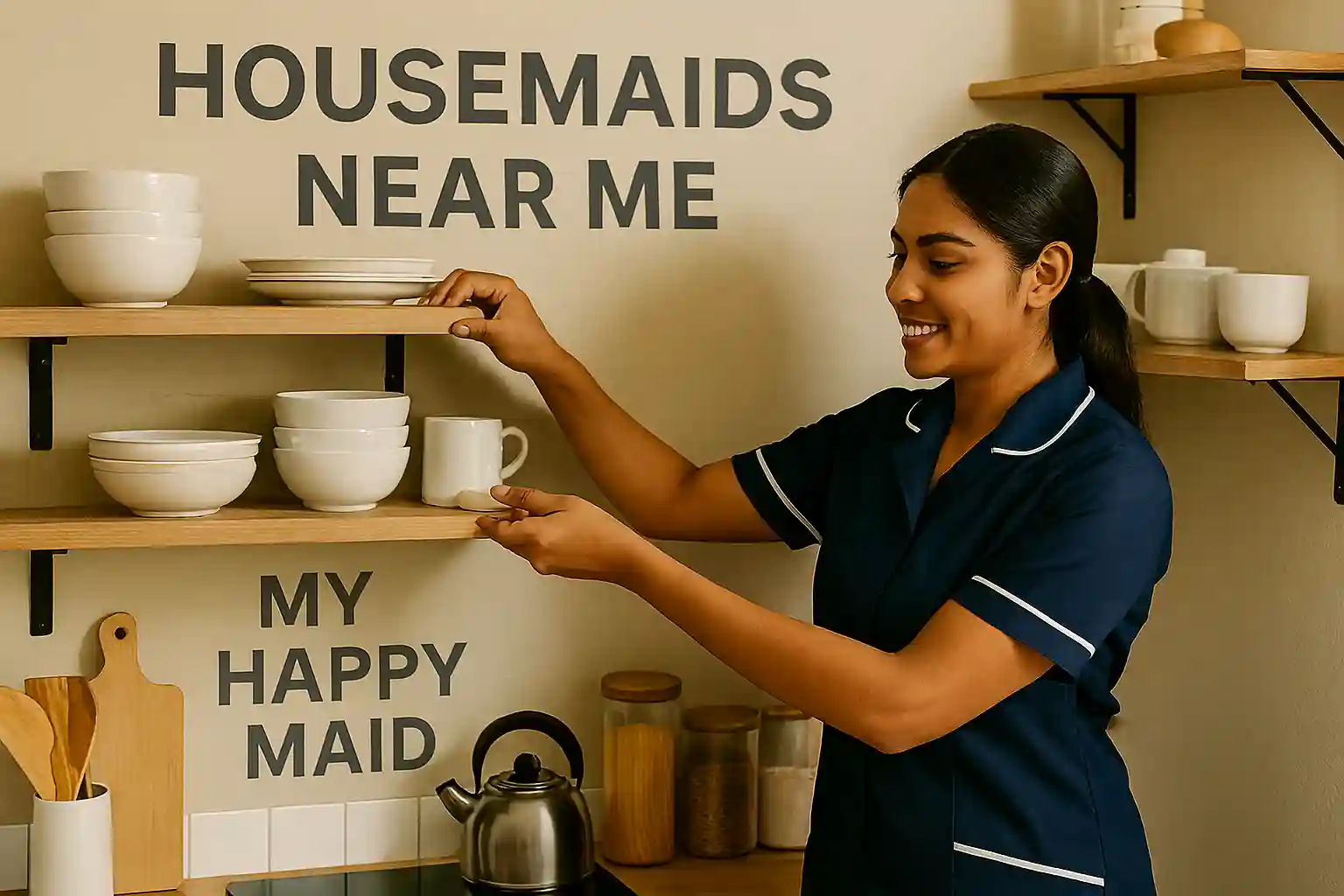 Housemaid cleaning living room with My Happy Maid branding