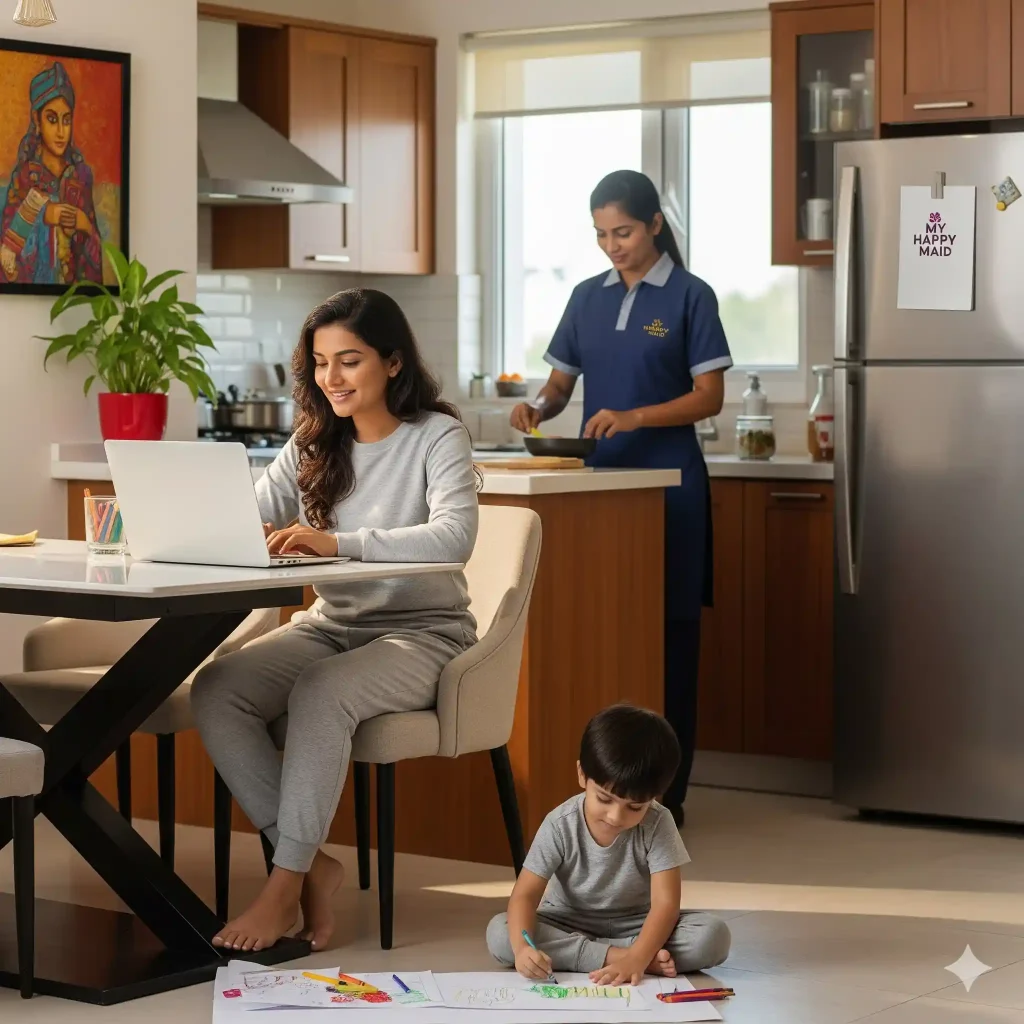 A woman works from home peacefully while a maid from a trusted maid bureau in delhi cares for her home.