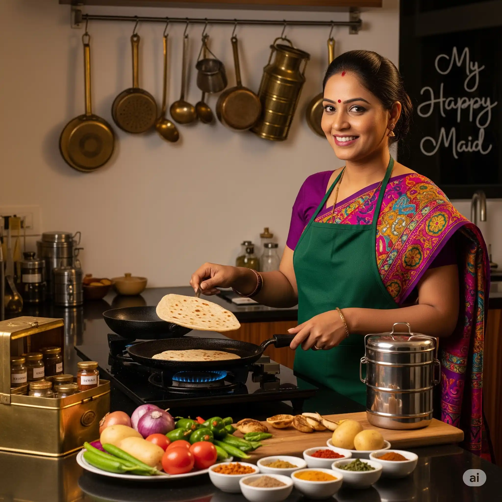 house maid services Delhi cooking in an Indian kitchen with My Happy Maid in background
