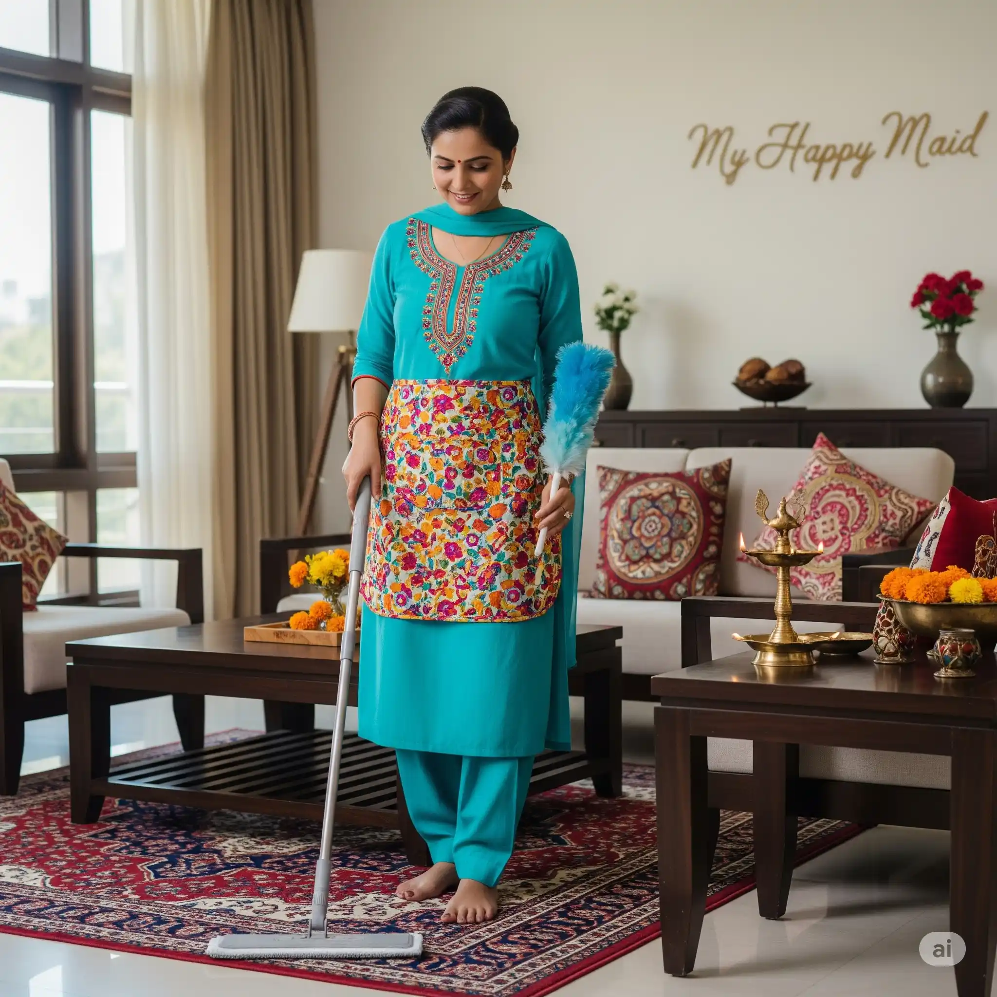 house maid services Delhi cleaning an Indian living room with My Happy Maid in background