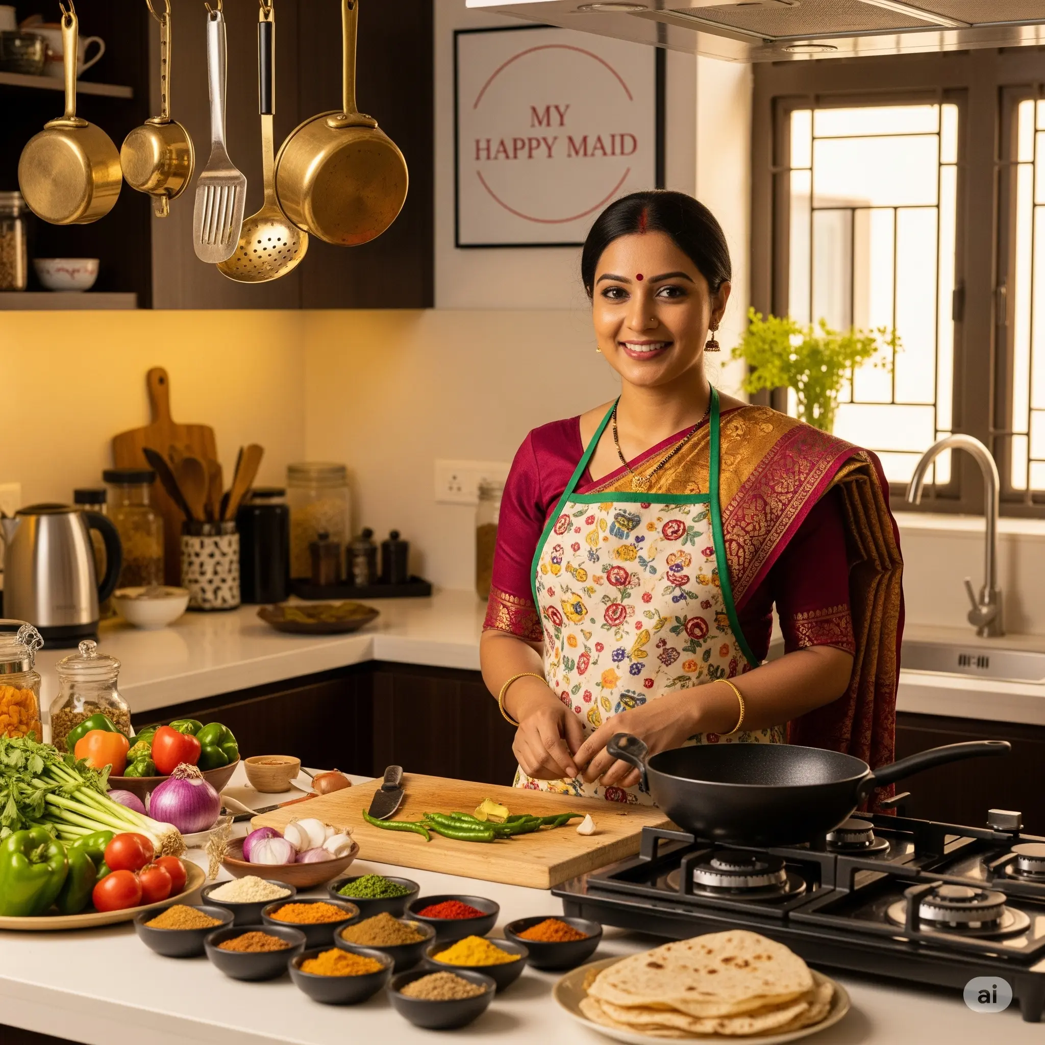 housemaid in Mumbai cooking in an Indian kitchen with My Happy Maid in background