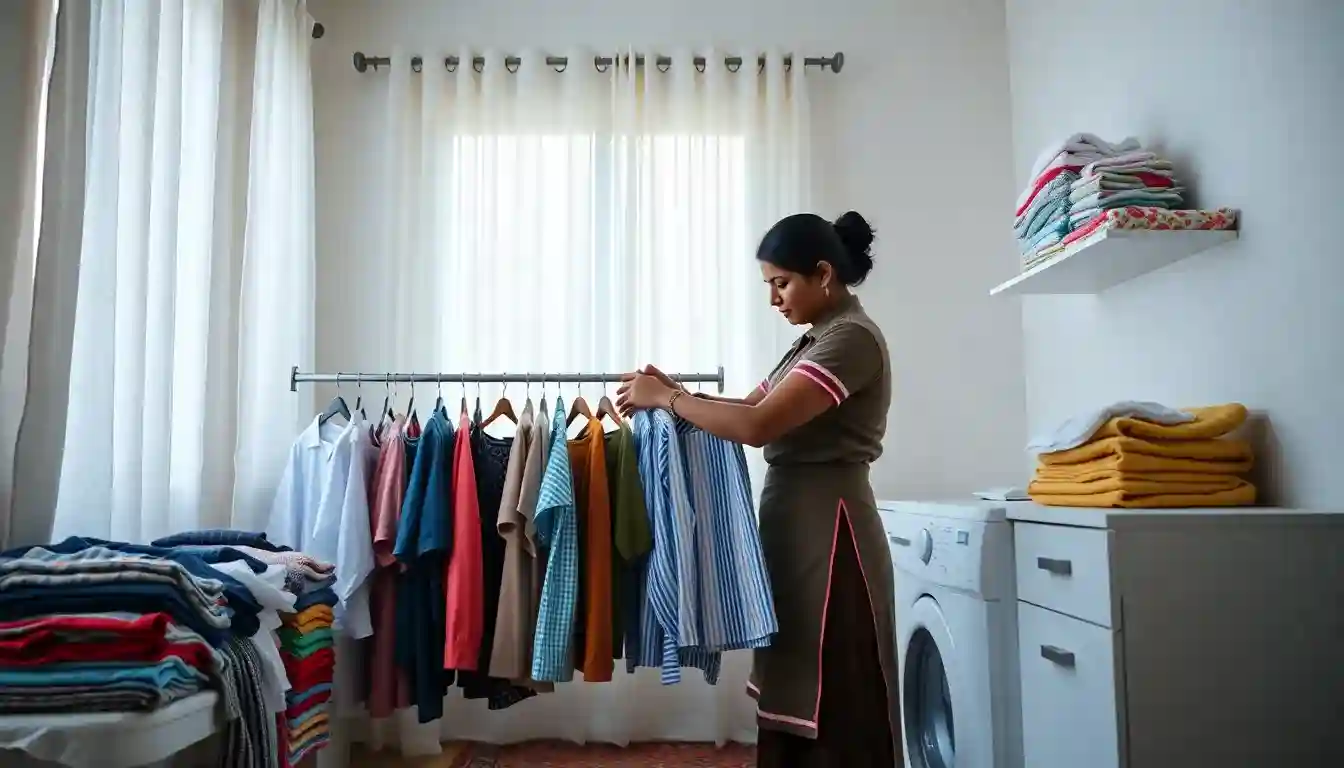 housemaid india doing laundry and organizing home