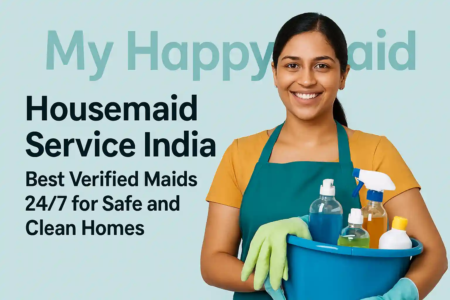 smiling Indian housemaid holding cleaning supplies with My Happy Maid written in background